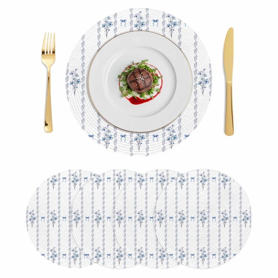 Blue Flowers Round 15 Inch Placemats Set of 4, Spring Floral Bows Minimalist Botanical HeatResistant Non Slip Place Mats for Dining Table, Wipeable Braided Kitchen Table Mats for Housewarming