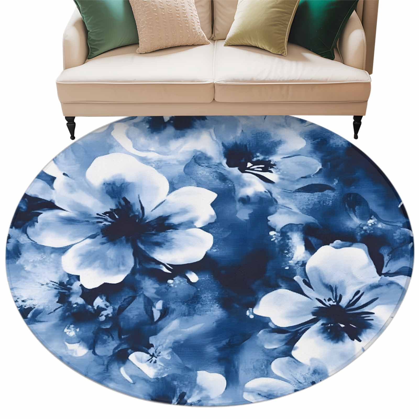 Blue Flowers Round Area Rug 8ft Petals Silhouette Watercolor Boho Ink ...