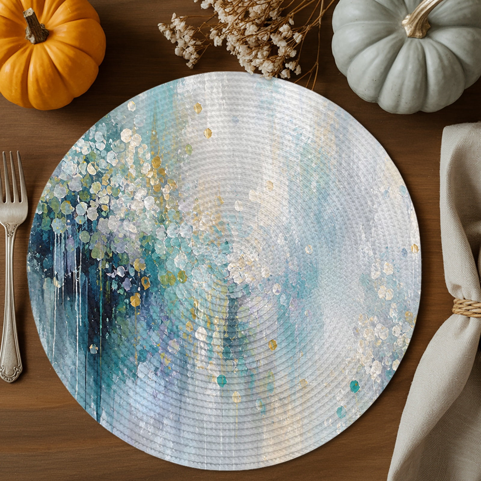 Blue Flowers Round Braided Placemats 15