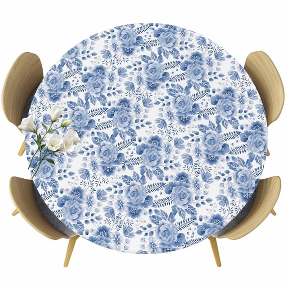 Blue Flowers Round Fitted Tablecloth with Elastic Edge, Watercolors Ombre Roses Plant Leaves Classical Stretch Table Covers for 36"-44" Tables Wipeable Table Cloth for Outdoor