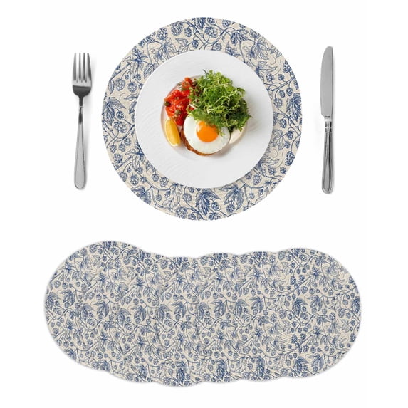 Blue Flowers Round Placemats Set of 6 for Dinning Tables,Heat-proof Braided Table Mats 15 Inch,Retro Rustic Botanical Floral Leaves Vines Washable Place Mat for Kitchen Restaurant Party Table Decor