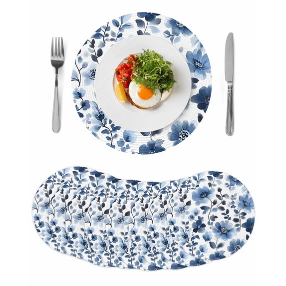 Blue Flowers Round Placemats Set of 8 for Dinning Tables,Heat-proof Braided Table Mats 15 Inch,Spring Rustic Watercolor Floral Leaves Washable Place Mat for Kitchen Restaurant Party Table Decor