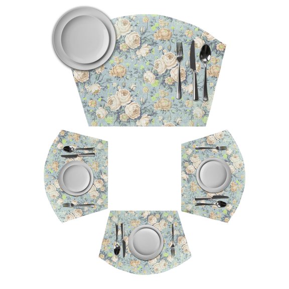 Blue Flowers Round Table Placemats Set of 2 Wedge Placemats, Romantic Farmhouse Botanical Floral Leaves Place Mats for Dining Table Set Washable Mats Kitchen Decor for Indoor Outdoor Wipe Clean