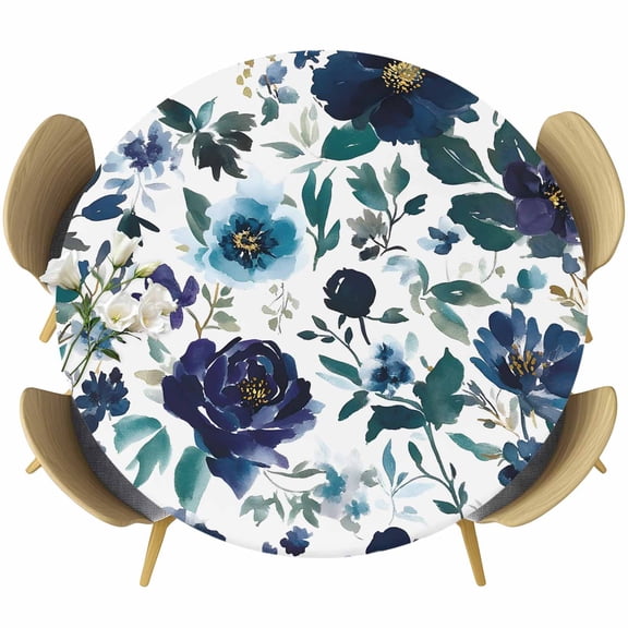 Blue Flowers Round Tablecloth 36-44 Inch Round Fitted Table Cloth with Elastic Edge, Abstract Retro Gradient Floral Plant Leaf Waterproof Table Cover Protector for Outdoor Picnic Party Dining