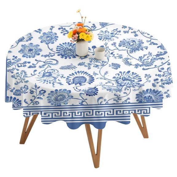 Blue Flowers Round Tablecloth 54 inches Floral Geometric Classic Traditional Border Waterproof Oil-Proof Table Cloth Round Table Cover for Holiday Party Picnic Dinner Decor Indoor and Outdoor Use