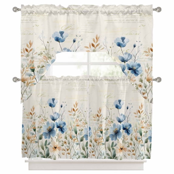 Blue Flowers Rustic Curtains Swag and Tiers Curtains Set, Spring Vintage Botanical Floral Beige Valances with Kitchen Tier Curtain 36 Inches Long, Swag Light Filtering Curtains for Sink/Laundry Room