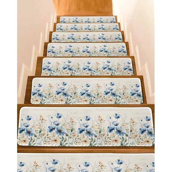 Blue Flowers Rustic Stair Treads Non Slip Indoor for Wooden Steps, Spring Vintage Botanical Floral Beige 7 Pcs Stair Mats for Elders Dogs, 8 x 30 Inch Carpet Treads Runner Rugs for Staircase