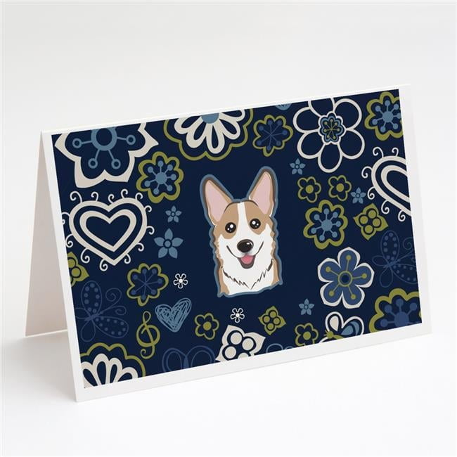 Blue Flowers Sable Corgi Greeting Cards & Envelopes - Pack of 8