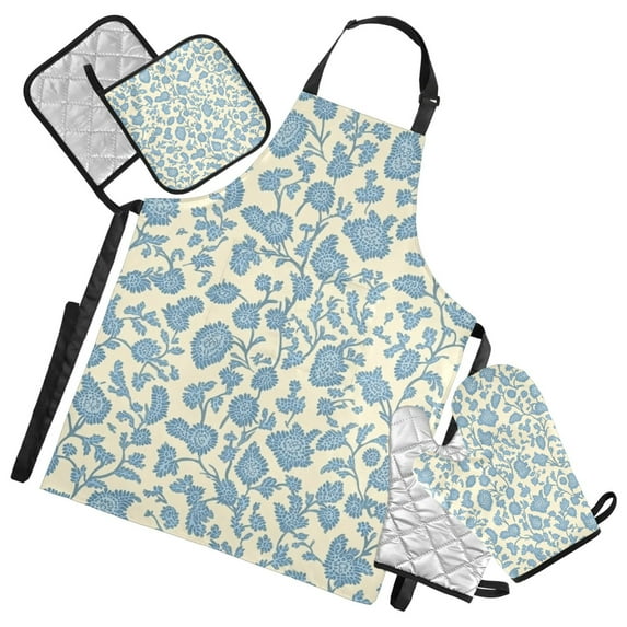 Blue Flowers Seamless Pattern Oven Mitts and Pot Holders with Chef Apron Set 5 Pcs Kitchen Cooking Set