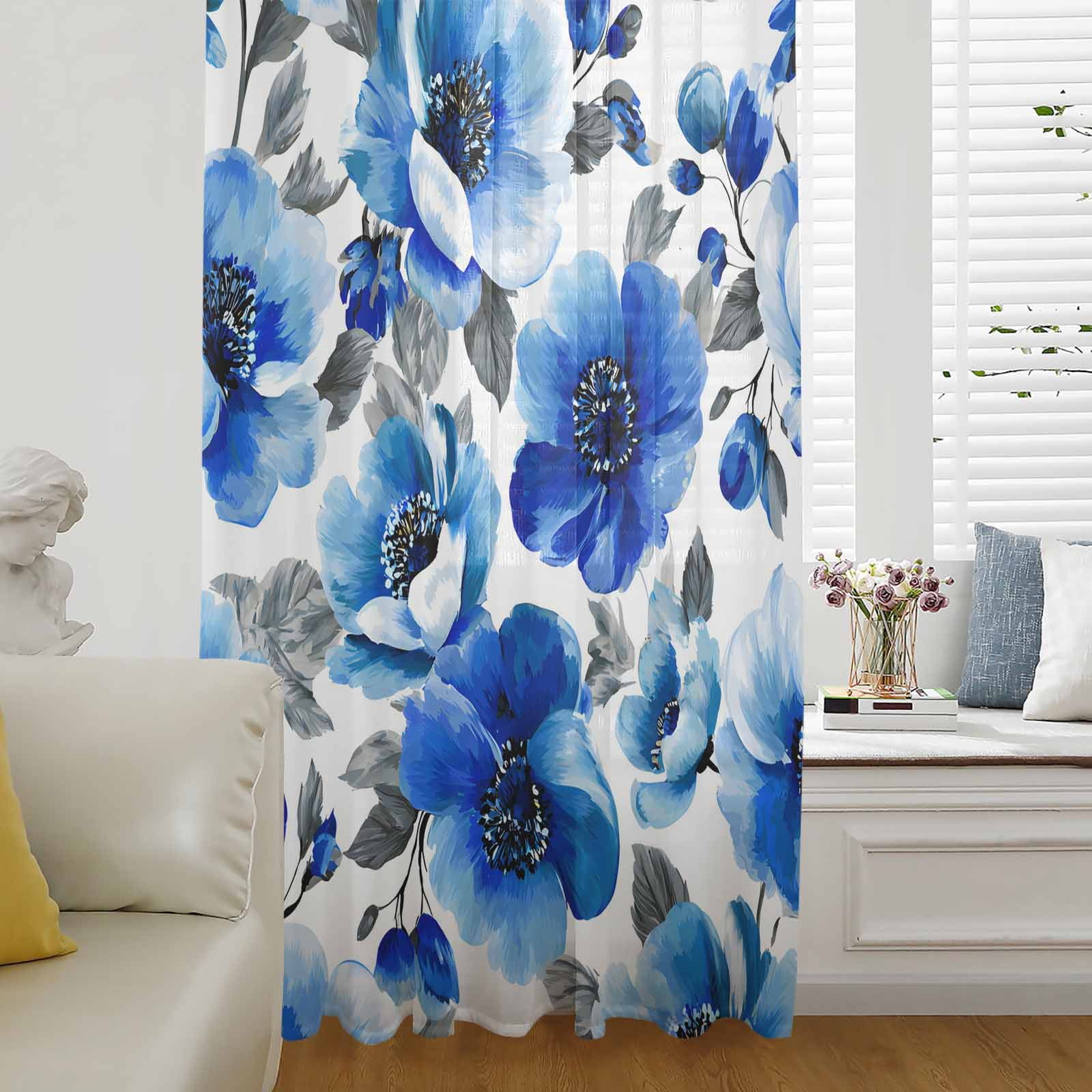 Blue Flowers Semi Sheer Curtains Drapes for Living Room, Bedroom