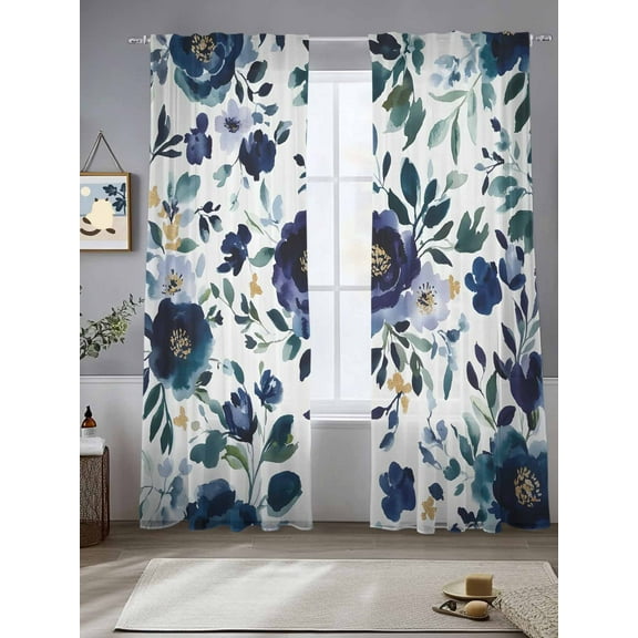 Blue Flowers Sheer Curtains 108 Inches Long 2 Panels Abstract Art Floral Light Filtering Semi Sheer Window Curtains Drapes for Bedroom Living Room 52"x108"