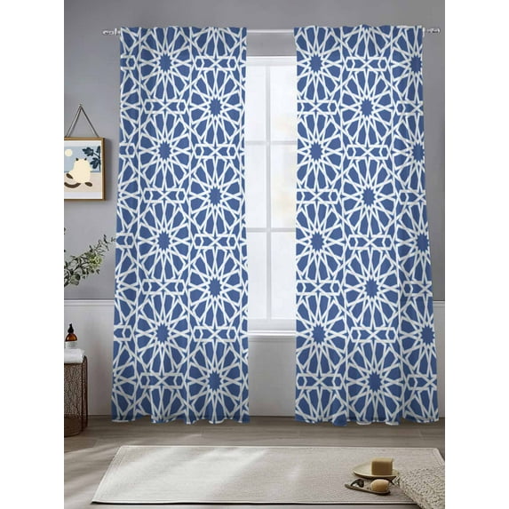 Blue Flowers Sheer Curtains 108 Inches Long 2 Panels Geometric Abstract Light Filtering Semi Sheer Window Curtains Drapes for Bedroom Living Room 52"x108"&nbsp;2&nbsp;&nbsp;Panels