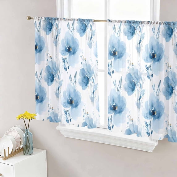 Blue Flowers Sheer Curtains 45 Inch Length 2 Panels for Living Room ...