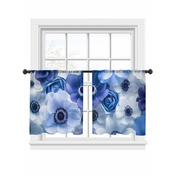 Blue Flowers Sheer Curtains 45 Inch Long 2 Panels, Spring White Floral Pastoral Light Filtering Rod Pocket Semi Sheer Curtains, Sheer Voile Drapes for Living Room Bedroom, 52"x45"