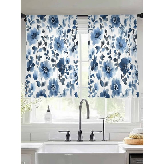 Blue Flowers Sheer Curtains 45 Inches Long 2 Panels Retro Spring Watercolor Floral Light Filtering Semi Sheer Window Curtains Drapes for Bedroom Living Room 52"x45"