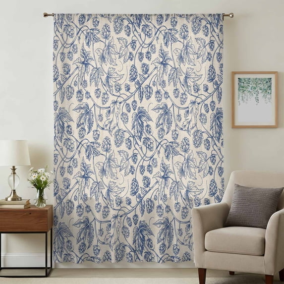 Blue Flowers Sheer Curtains 45 Inches Long, Retro Rustic Botanical Floral Leaves Vines Light Filering Curtains, Breathable Simi Curtain Privacy Drapes for Kitchen Bathroom Small Window Treatment
