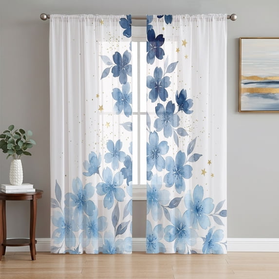 Blue Flowers Sheer Curtains 84 Inch Length 2 Panels Set, Watercolor Botanical Floral Star Leaves Voile Window Treatment Rod Pocket Curtains Sheers Drapes for Bedroom/Living Room/Kitchen 52"x84"x2