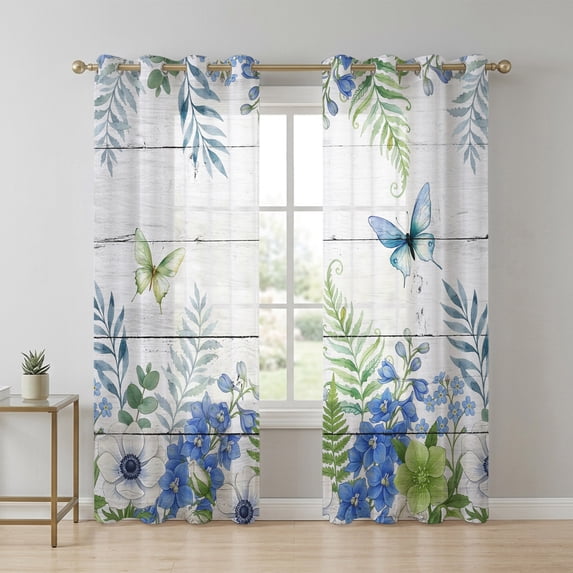 Blue Flowers Sheer Curtains 84 Inch Long 2 Panels, White Floral ...