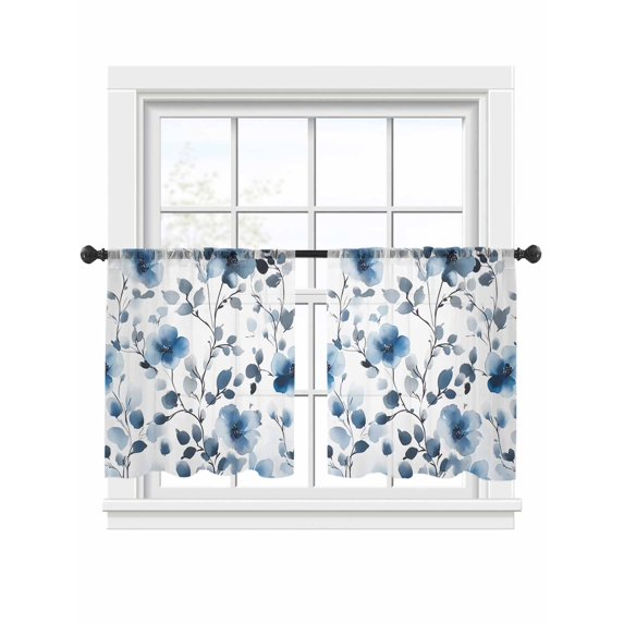 Blue Flowers Sheer Curtains for Living Room Bedroom, Light-filtering Sheer Curtain, Retro Spring Watercolor Leaves Floral LigRod Pocket Voile Window Treatment Drapes, 52’’Wx54’’L, 2 Panels Set