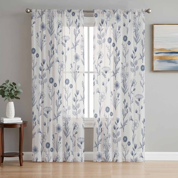 Blue Flowers Sheer Curtains for Living Room Bedroom, Vintage Farm ...