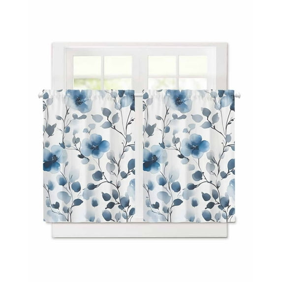 Blue Flowers Short Blackout Curtains 36 Inch Long Retro Spring Watercolor Leaves Floral Rod Pocket Kitchen Curtains, 2 Panels Thermal Insulated Room Darkening Drapes for Bedroom, 30"W x 36"L