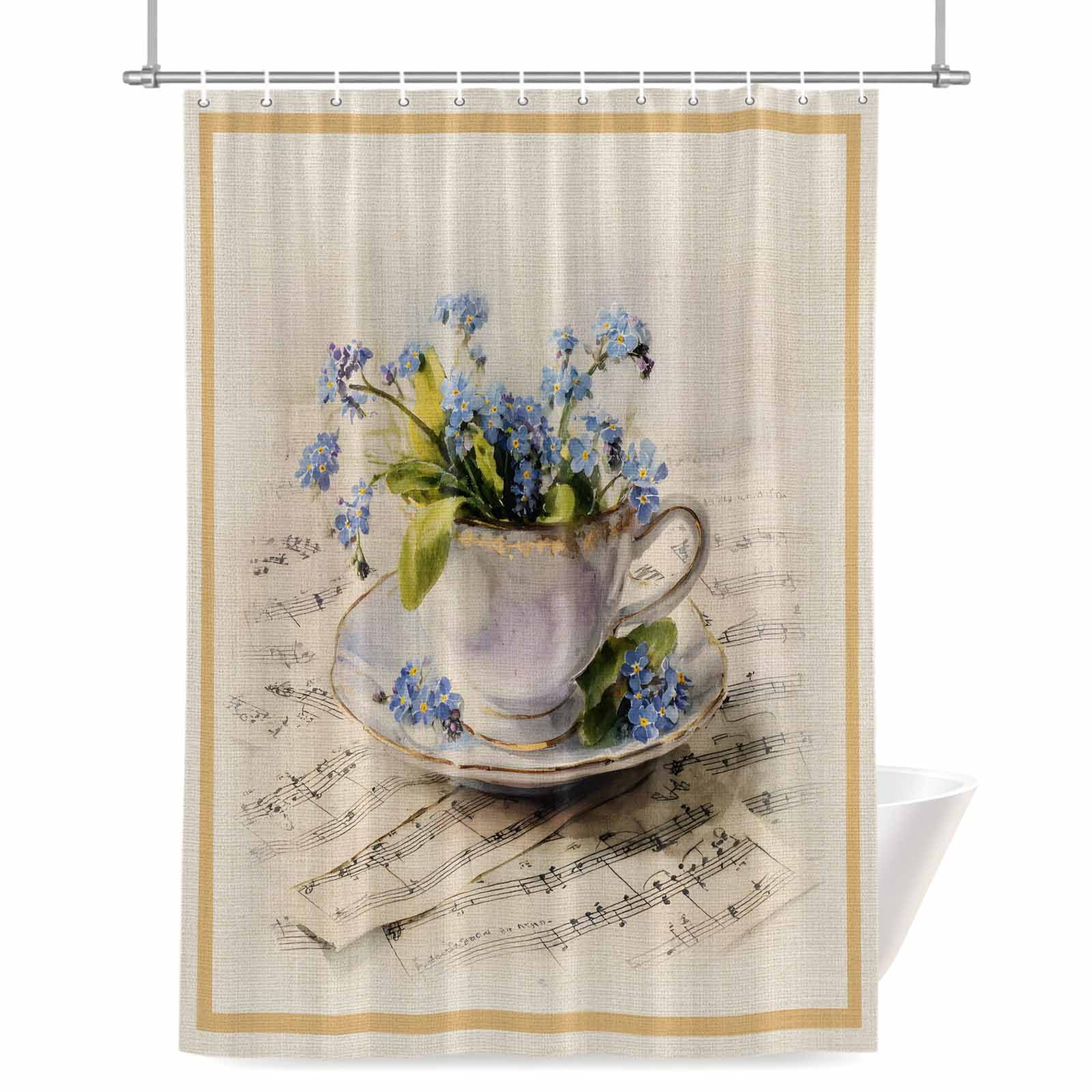 Blue Flowers Shower Curtains for Bathroom, Vintage Tea Cups Spring ...