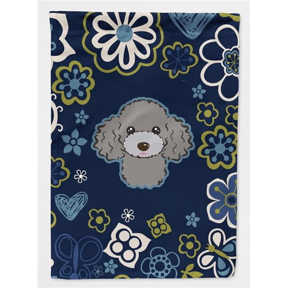 Blue Flowers Silver & Gray Poodle Garden Size Flag