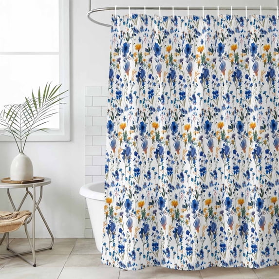 Blue Flowers Small Stall Shower Curtain, Waterproof Shower Curtains for Bathroom, Spring Watercolor Oil Painting Floral Plant Washable Fabric Bath Curtain for Bathtub with Hooks 36x78 Inches