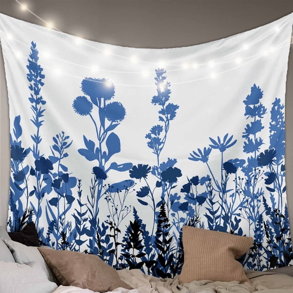 Blue Flowers Small Tapestry for Bedroom Wall Hanging Tapestry, Simple Spring Ombre Botanical Floral Ceiling Backdrop Tapestries Poster Blanket Wall Decor for Teens Room Living Room Dorm 23" x 28"