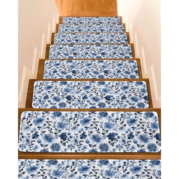 Blue Flowers Stair Treads for Wooden Steps Indoor Runner Rug Carpet, Spring Rustic Watercolor Floral Leaves 7 Pieces Peel and Stick Staircase Step Treads Covers Washable Throw Door Mats, 30"x8"
