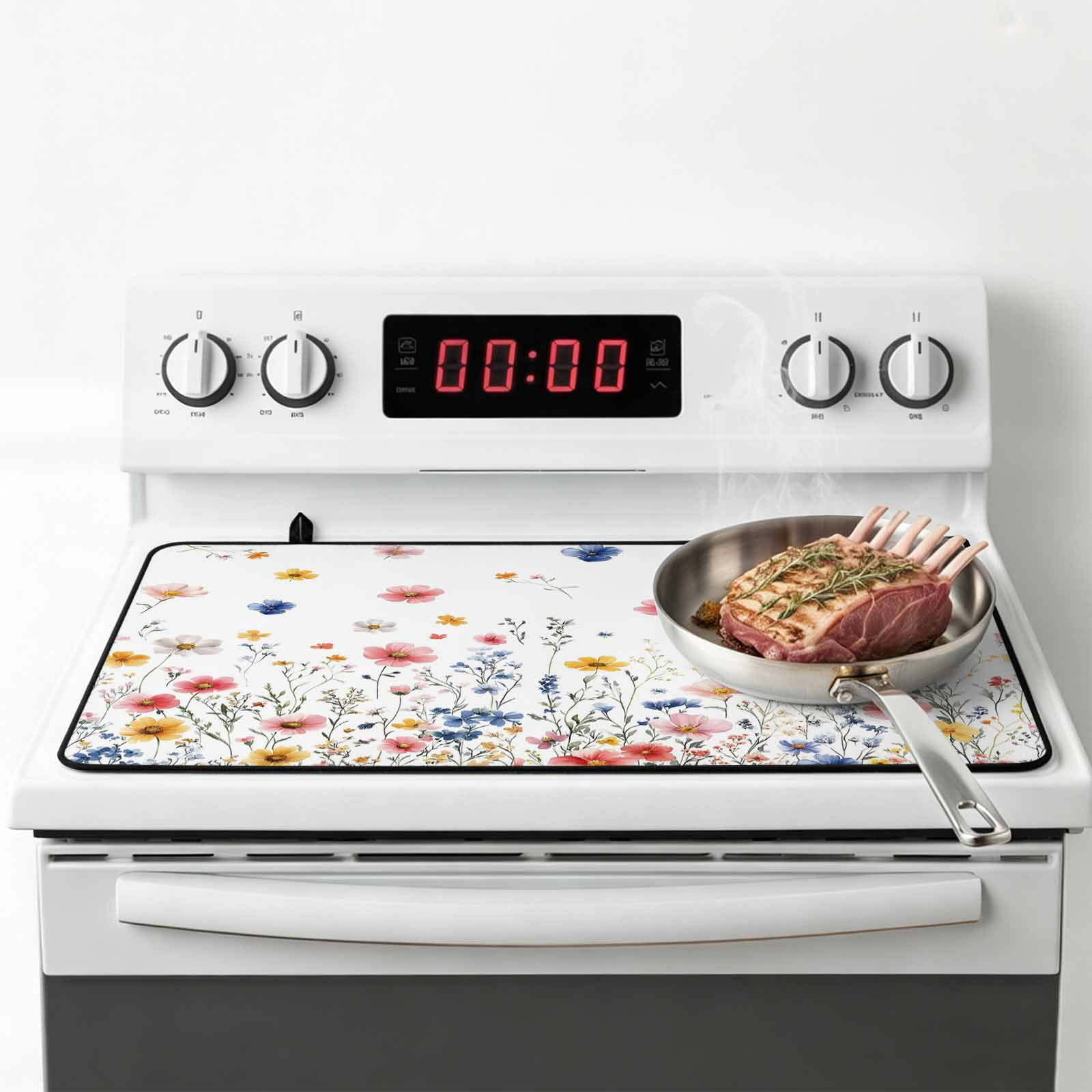 Blue Flowers Stove Top Cover for Electric Stove, Heat-proof & Non Slip Glass Top Stove Cover Protector, Pink Watercolor Botanical Garden Floral Kitchen Flat Cooktop Rubber Mat 24x21 Inches