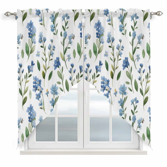 Blue Flowers Swag Curtains for Kitchen/Bedroom/Living Room, Spring Floral Farmhouse Leaves Rustic Scalloped Curtains 63 Inch Long, Rod Pocket Window Swag Topper Curtains Valances 2 Panels Set 36"x63"