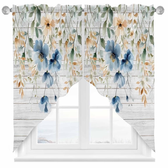 Blue Flowers Swag Kitchen Curtain Valances, Leaf Watercolor Wildflowers Plants Wood Grain Rod Pocket Curtains Window Treatment Decor Valances for Bedroom Bathroom, 2 Panels 28 x 36 Inch