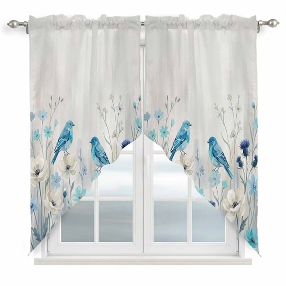 Blue Flowers Swag Valances for Windows, Kitchen Curtains 36 Inch Length 2 Panels Set, Spring Birds Rustic Floral Pastoral Plants Short Curtains for Small Windows Rod Pocket Cafe Curtains 28"x36"