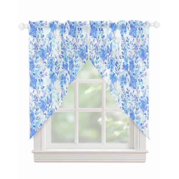 Blue Flowers Swag Valances for Windows, Watercolor Summer Botanical Floral Rod Pocket Sheer Valances for Large Windows, Swag Toppers Light Filtering for Kitchen Living Room 2 Panels 36''x63''