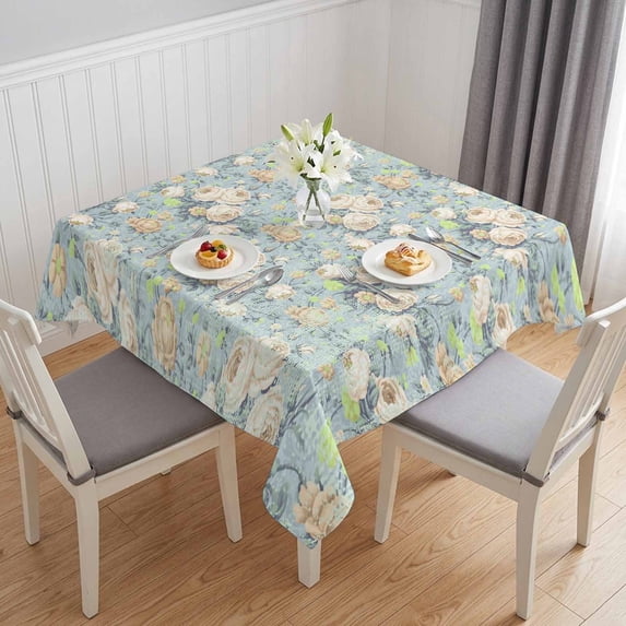 Blue Flowers Table Cloth Waterproof Tablecloths, Romantic Farmhouse Botanical Floral Leaves Tablecloth Dining Table Cover for Kitchen Party Tabletop Outdoor, Square Tablecloth 54x54 Inch