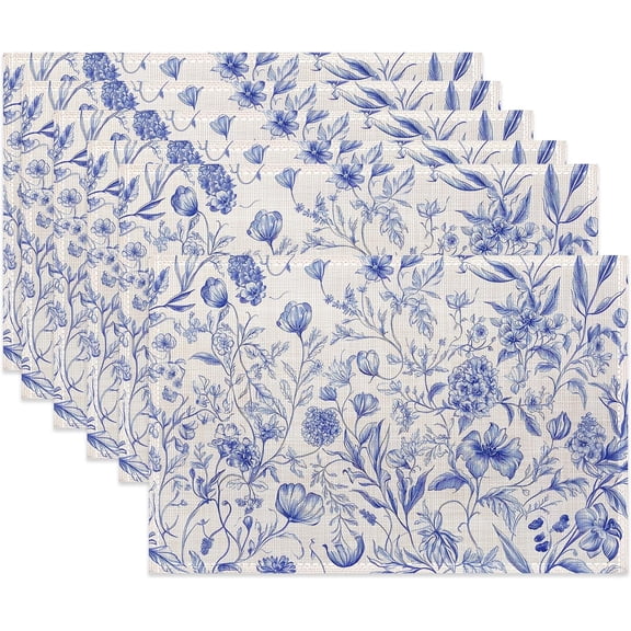 Blue Flowers Table Placemats Set of 6,Non-Slip Vintage Floral Fabric Placemats for Dining Room Kitchen Party Holiday, Indoor Cloth Table Mats for Home Decor 11.8x17.7 Inch