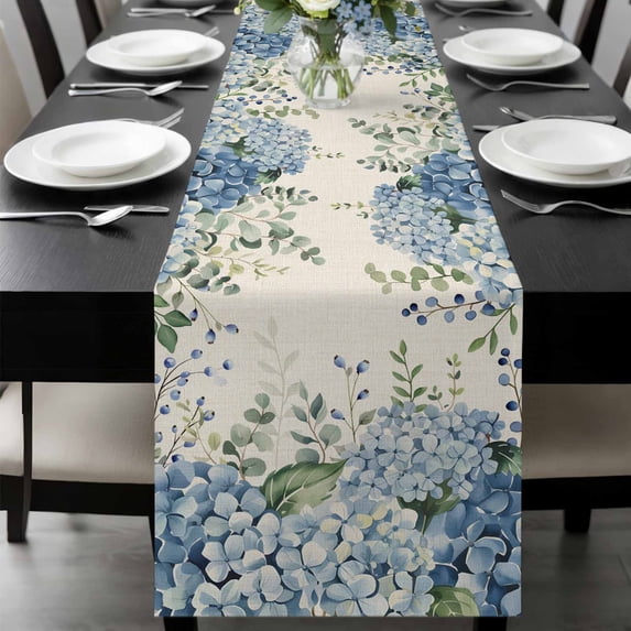 Blue Flowers Table Runner 108 Inches Long, Green Eucalyptus Floral Country Beige Kitchen Coffee Dining Table Decoration for Home Party Birthday Wedding Home Decor 13x108 Inches