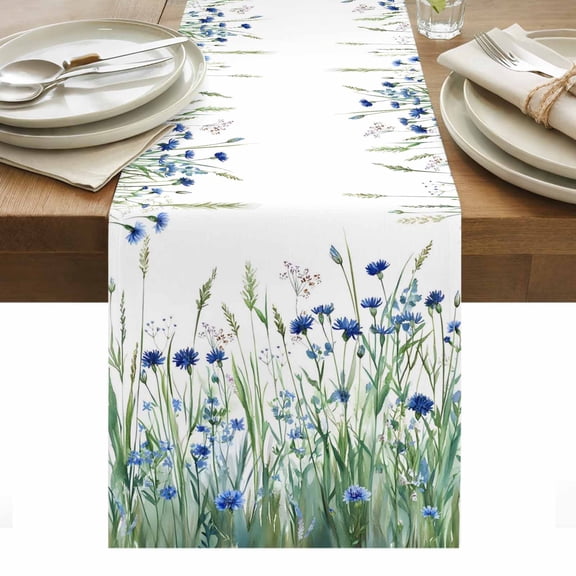 Blue Flowers Table Runner 13 x 120 Inch, Green Leaves Grass Spring Plant Farmhouse Washable Cotton Linen Dining Table Runner Tabletop Decorations for Restaurant Home Kitchen Party