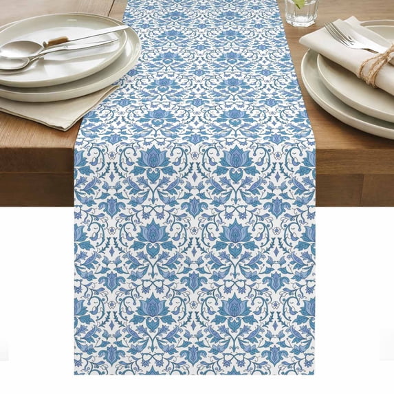Blue Flowers Table Runner - 48 Inch Long, Kitchen Dining Table Runner Dresser Scarves, Boho Ethnic Middle Century Floral Aesthetic Farmhouse Decor for Coffee Tables Wedding Party Banquet