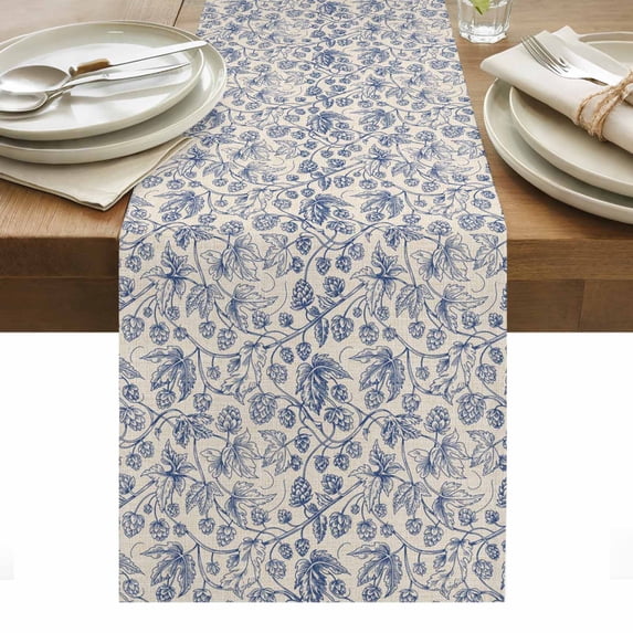 Blue Flowers Table Runner - 48 Inch Long, Kitchen Dining Table Runner Dresser Scarves, Retro Rustic Botanical Floral Leaves Vines Farmhouse Decor for Coffee Tables Wedding Party Banquet