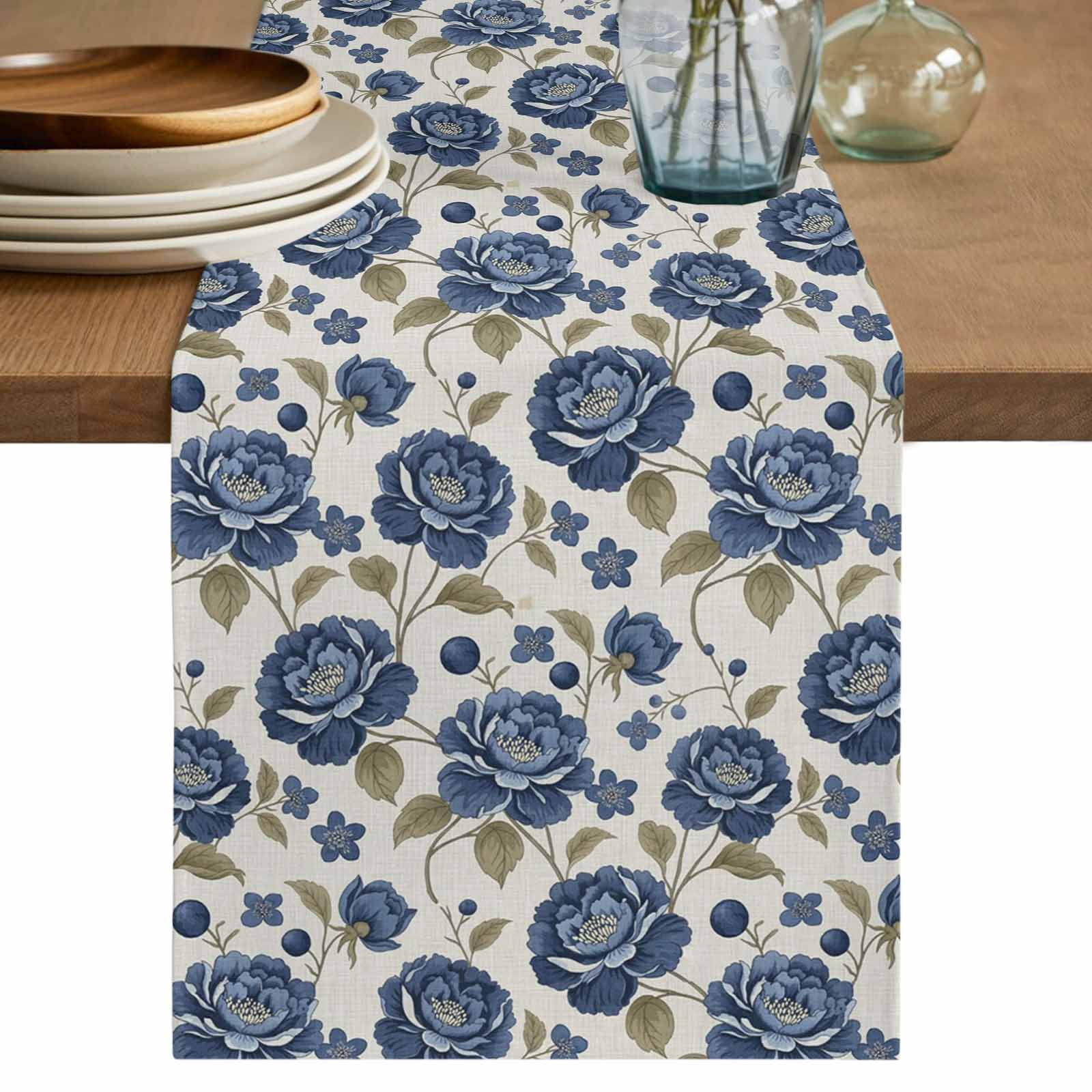 Blue Flowers Table Runner 90 Inches, Farmhouse Vintage Watercolor ...