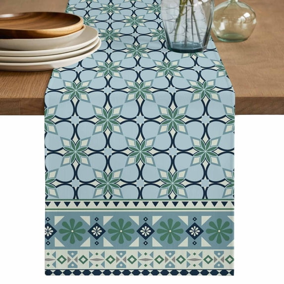 Blue Flowers Table Runner, Farmhouse Country Abstract Floral Patterned Washable Cotton Linen Table Runners 90 Inches Long, Dresser Scarf Runner for Dining/Coffee/Kitchen/Hallway Tables 13''x90''