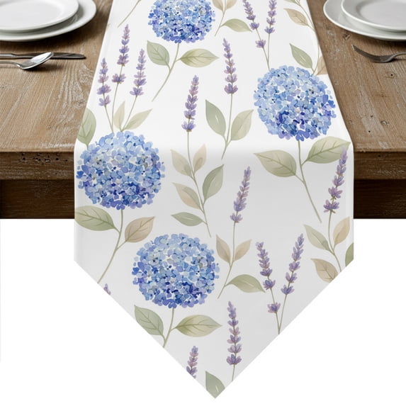Blue Flowers Table Runner Linen Burlap Table Runner 120 Inches Long ...