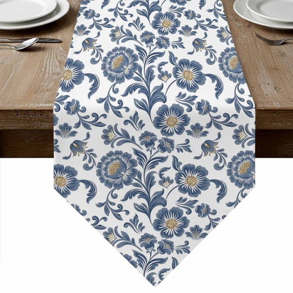 Blue Flowers Table Runner Linen Burlap Table Runner 60 Inches Long ...