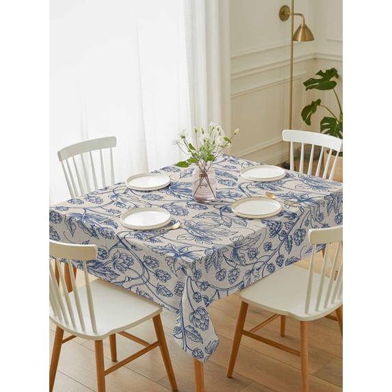 Blue Flowers Tablecloth Rectangle Table Cloth 60x84, Waterproof Tablecloth Outdoor Table Cloth, Retro Rustic Botanical Floral Leaves Vines Washable Table Cover for Kitchen Dinning Party