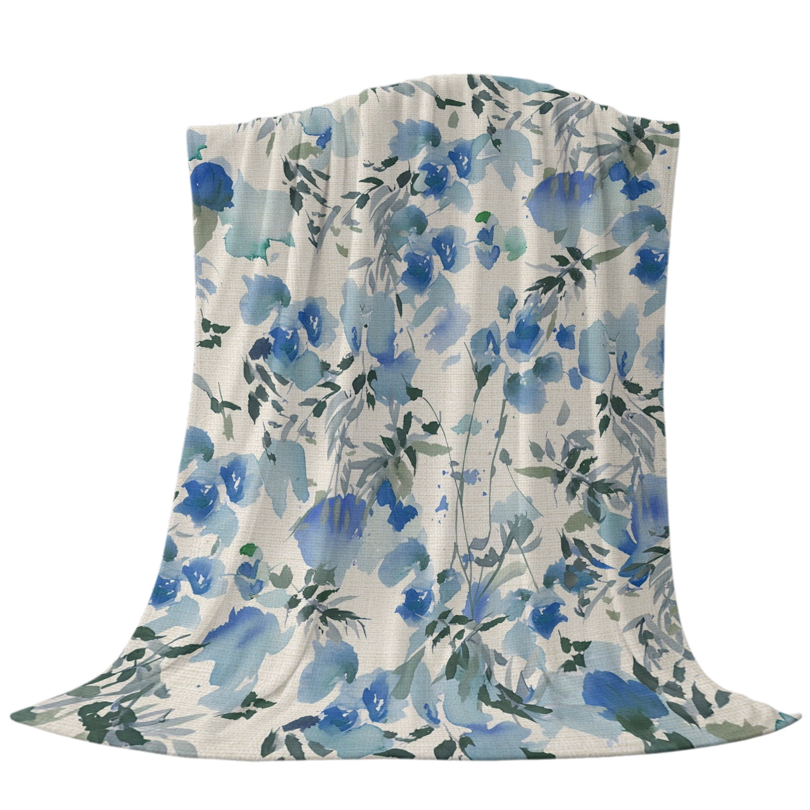 Blue Flowers Throw Flannel Blanket Spring Watercolor Blue Floral Leaf ...