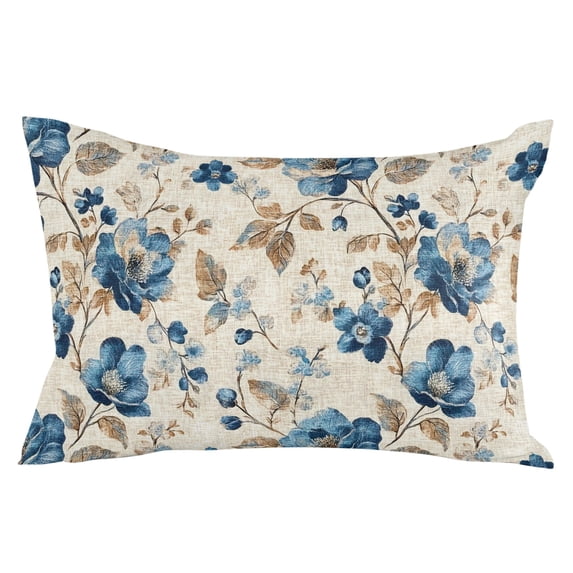 Blue Flowers Throw Pillow Cover 24 x 36 Inch Decorative Pillow Cover Spring Floral Brown Leaves Botanical Retro Beige Lumbar Pillowcase Seasonal Rectangle Cushion Case for Couch Sofa Bed Living Room