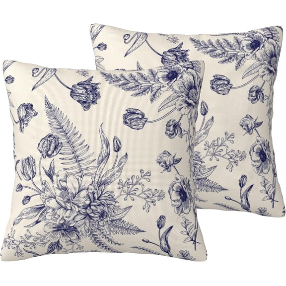 Blue Flowers Throw Pillow Covers 18x18 Inch Set of 2, Blue and White Seasonal Plant Pillow Cases Chinoiserie Floral Pillowcase Home Decorative Cushion Covers for Sofa Couch Bed Living Room