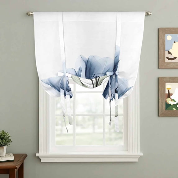 Blue Flowers Tie Up Curtain 45 Inches Long, Spring Vintage Country Watercolor Blue Tulip Floral Balloon Style Kitchen Window Curtain Over Sink, Small Window Rod Pocket Curtain 34"x45"